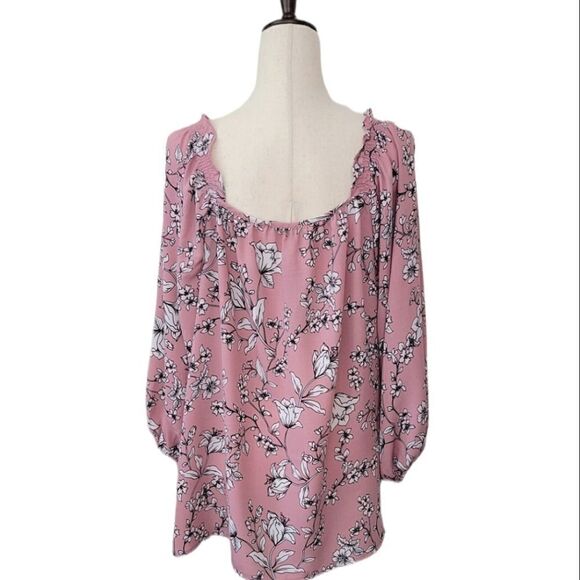 Adrienne Vittadini Rose Floral 3/4 Puffy Sleeve Ruffle Shoulder Chiffon Blouse - Picture 3 of 8